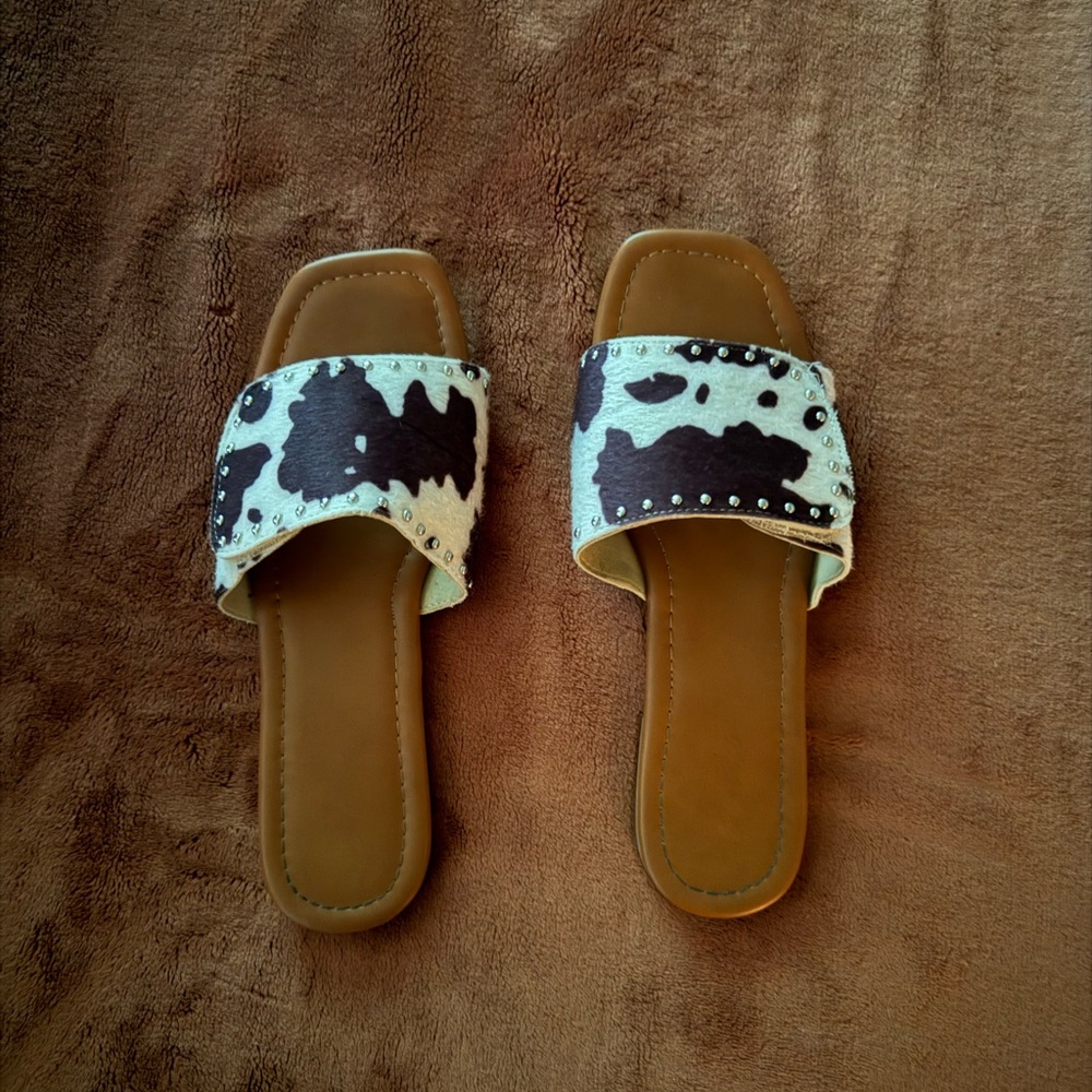 Cow Print Slide Sandals With Stud Detail